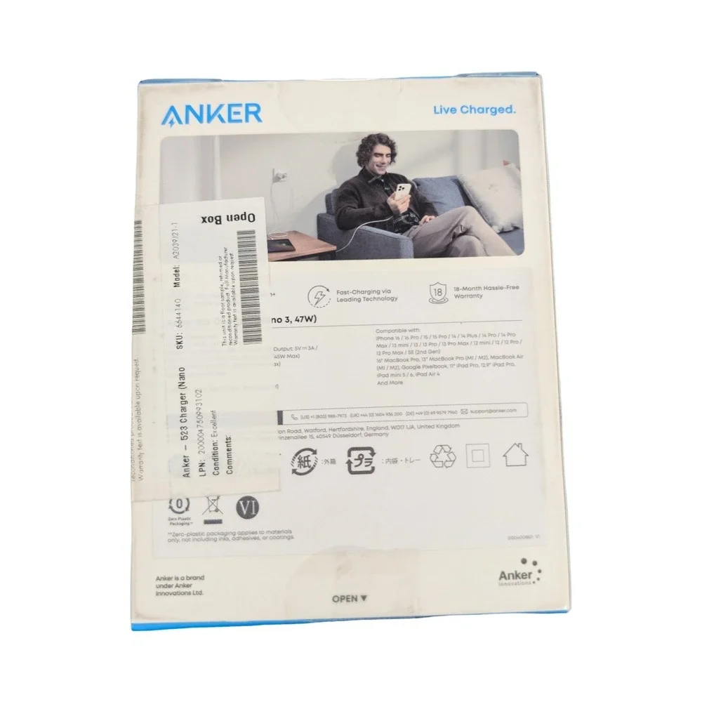 Pp6O Anker 523 Charger Nano 3, 47W Compact 2 Port USB-C‎ Fast Wall Charger White